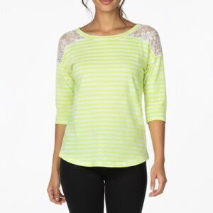 EXPRESS Striped Top Lace Shoulder NEON Yellow Lime & White SZ MEDIUM